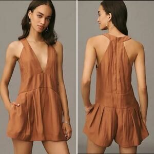 Anthropologie Sleeveless V-Neck Pinafore Romper Size Medium in Brown NEW
